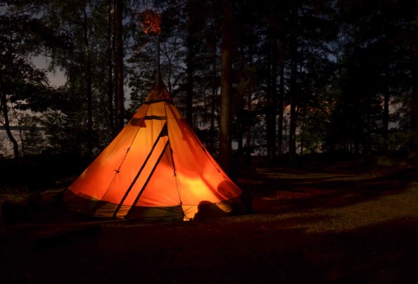 Camping tent in a forest during the night